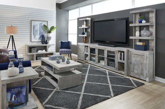 front view of a modern living room with a large entertainment center