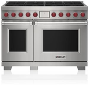 front view of the Wolf® 48" Stainless Steel Freestanding Dual Fuel Range