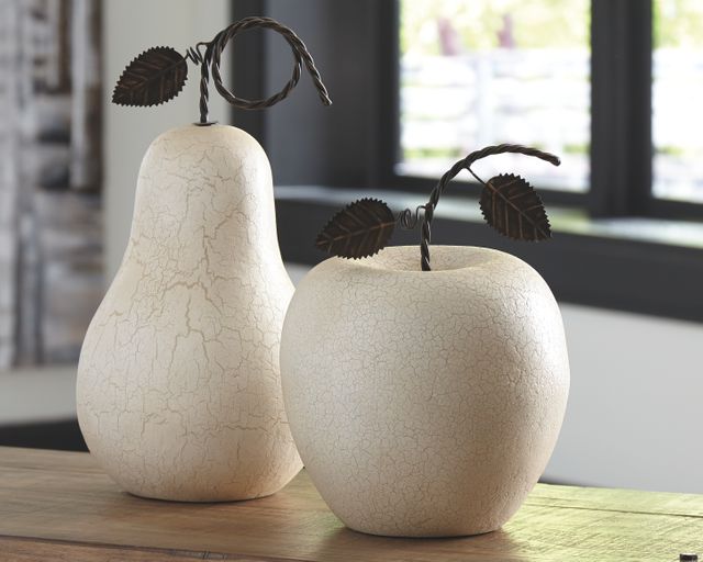 front view of a wooden apple and pear home decor pieces