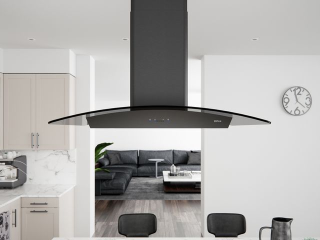 front view of the Zephyr Ravenna Island 36" Smoke Gray Glass Island Range Hood in a white kitchen
