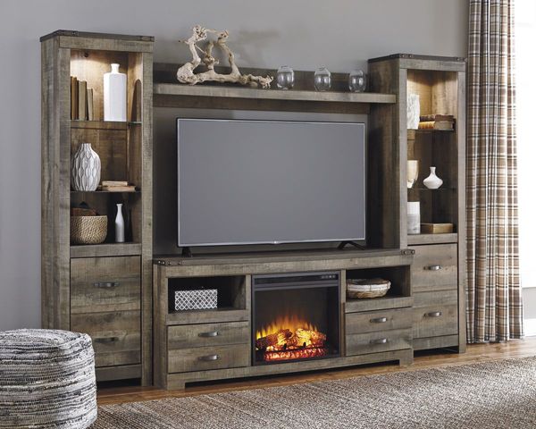 Signature Design by Ashley Trinell 4-Piece Brown Entertainment Center with Electric Fireplace Insert and Glass Shelves