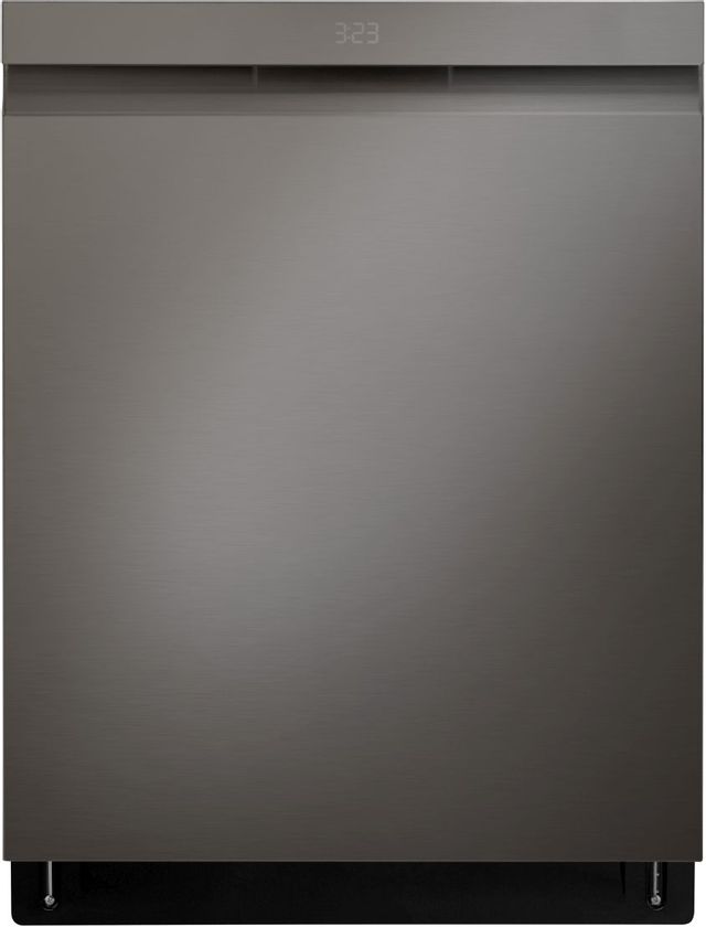 Black stainless steel LG dishwasher with top control panel