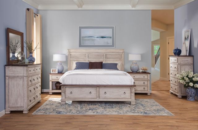 front view of a traditional style white wood low platform bed in a transitional bedroom 