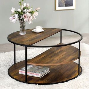 front view of the Viviana Cocktail Table, a round, three level coffee table with the top two levels as only half-circles