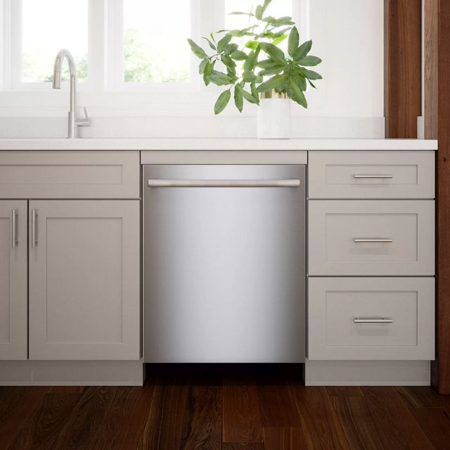 front view of a closed stainless steel bosch dishwasher