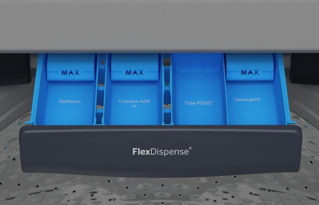 closeup view of the GE Profile flexdispense detergent compartment in a washer