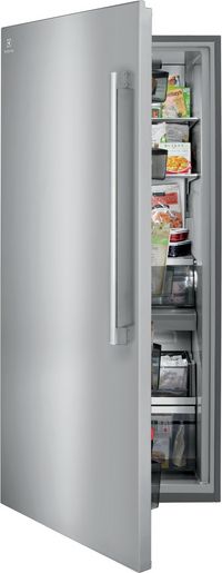 front view of the Electrolux 18.9 Cu. Ft. Stainless Steel Column Freezer with the door slightly open to see a stocked inside