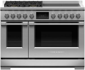 front view of the Fisher & Paykel Series 9 48" Stainless Steel with Black Glass Pro Style Dual Fuel Natural Gas Range