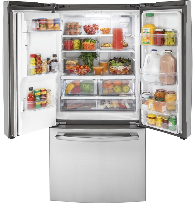17.5 GE French door refrigerator with both refrigerator doors open.