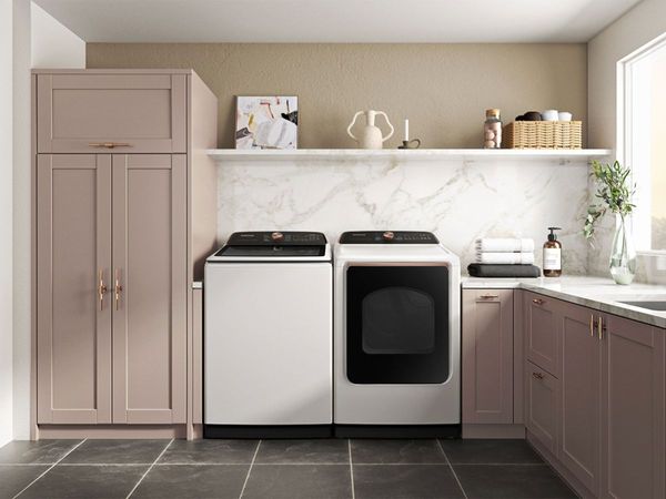 Laundry Room Featuring Samsung 7500 5.5 Cu. Ft. Ivory Top Load Washer