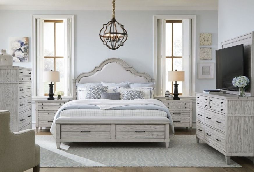 Legacy Classic Modern Belhaven Weathered Plank Queen Upholstered Storage Panel Bed