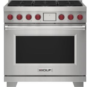 front view of the Wolf® 36" Liquid Propane Stainless Steel Freestanding Dual Fuel Range