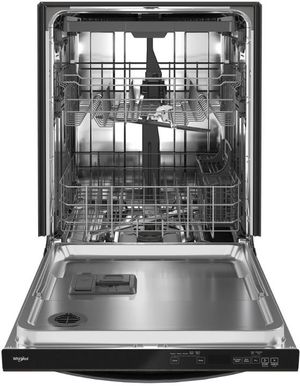 Interior tub of Whirlpool dishwasher with exterior black stainless steel finish