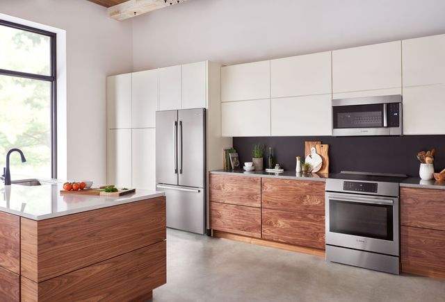 front view of a modern kitchen with stainless steel bosch appliances