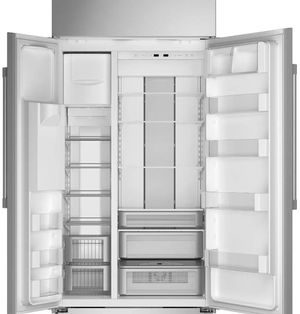 Monogram Stainless Steel Built In Counter Depth Side-by-Side Refrigerator Doors Wide Open