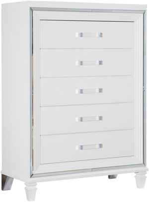 front view of the Homelegance® Tamsin White Metallic Chest, a white and metallic modern chest with five drawers
