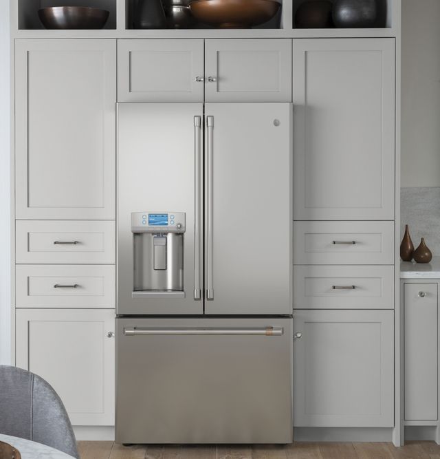 Cafe kitchen appliances in a kitchen with light grey cabinets