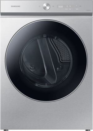 front view of the Samsung Bespoke 8900 Series 7.6 Cu. Ft. Silver Steel Front Load Gas Dryer