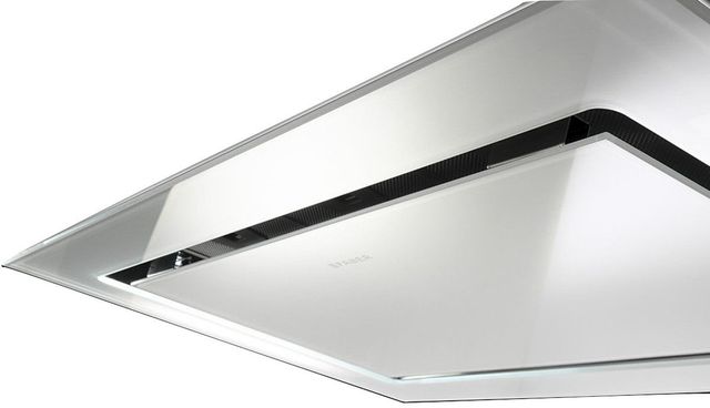 front view of the Faber Stratus Isola 36" White Glass Ceiling Mounted Range Hood