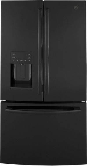 front view of the GE® 25.6 Cu. Ft. High-Gloss Black Freestanding French Door Refrigerator