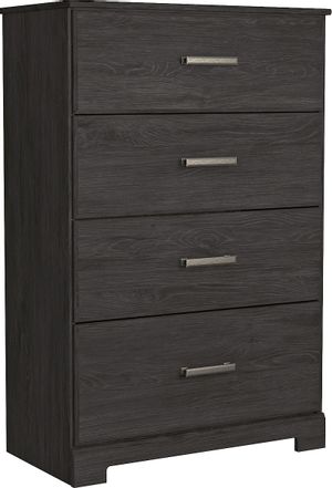 front view of a black wood chest with four drawers and silver handles