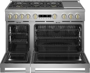 Monogram gas range with open oven doors