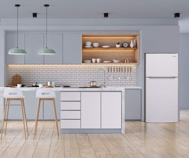 modern kitchen with top freezer fridge