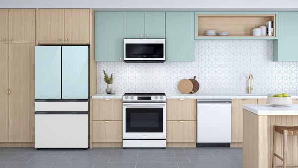 Kitchen Featuring Samsung 30" White Glass Slide In Induction Range