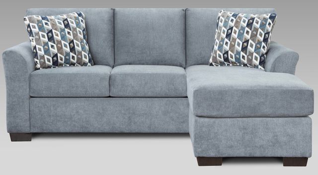 Light blue sofa with colorful throw pillow