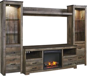 Signature Design by Ashley Trinell 4-Piece Brown Entertainment Center with Electric Fireplace Insert and Glass Shelves