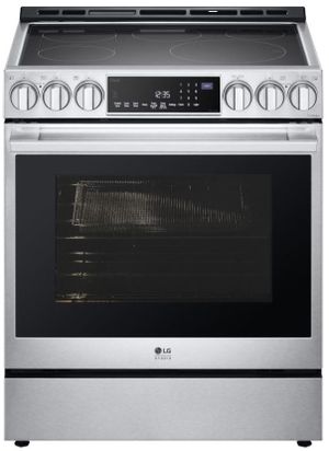 LG-Studio-30-Stainless-Steel-Slide-In-Electric-Range front view of the LG Studio 30" Stainless Steel Slide In Electric Range