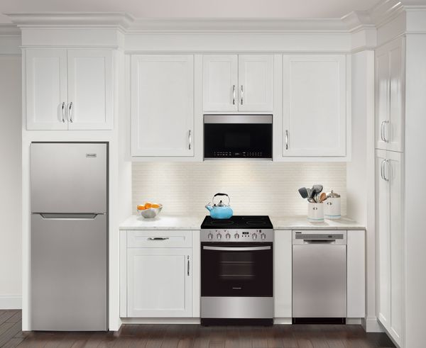 White Cabinet Kitchen Featuring Frigidaire 24" Stainless Steel Free Standing Electric Range