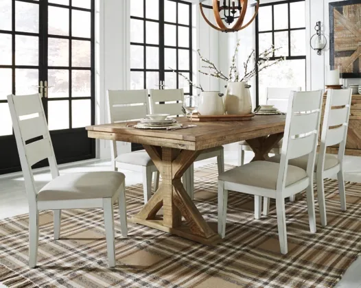 angled view of the Signature Design by Ashley® Grindleburg 7-Piece Light Brown Dining Set in a modern dining room 