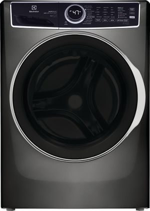 The front of an Electrolux front load washer in a titanium grey finish