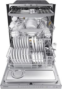 front view of an open and stocked Samsung 24" Fingerprint Resistant Stainless Steel Top Control Built In Dishwasher