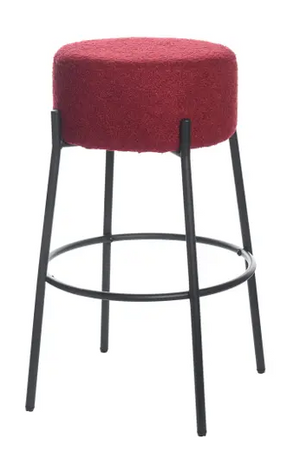 front view of the Satin Barstool (Red), a red barstool with four black legs