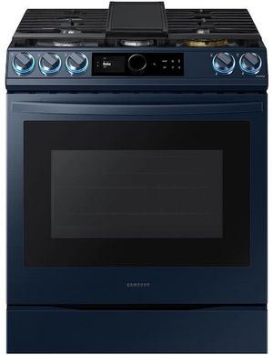 front view of the Samsung BESPOKE 30" Fingerprint Resistant Navy Steel Slide-In Gas Range