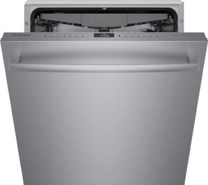 front view of a slightly opened Bosch® 800 Series 24" Stainless Steel Top Control Built In Dishwasher