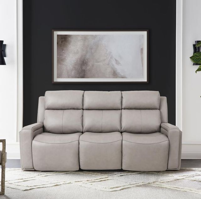 front view of the Armen Living Claude Light Grey Dual Power Headrest and Lumbar Support Reclining Sofa