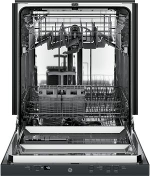 Interior tub of GE black dishwasher