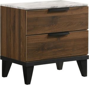 brown wood nightstand with marble top and two drawers
