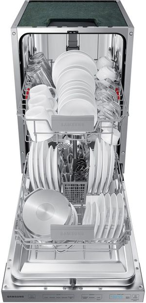 Samsung 18” Fingerprint Resistant Stainless Steel Built In Dishwasher Door Open