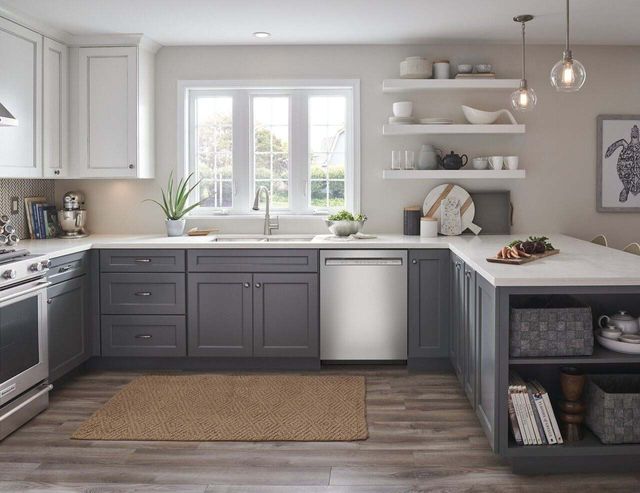 Stainless steel KitchenAid dishwasher in a kitchen