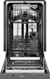 front view of an opened Haier 18" Stainless Steel Built In Dishwasher