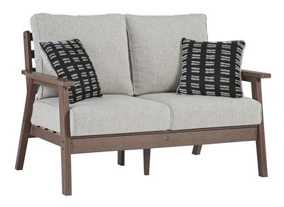 front view of the Signature Design by Ashley® Emmeline Brown Outdoor Loveseat with Cushion