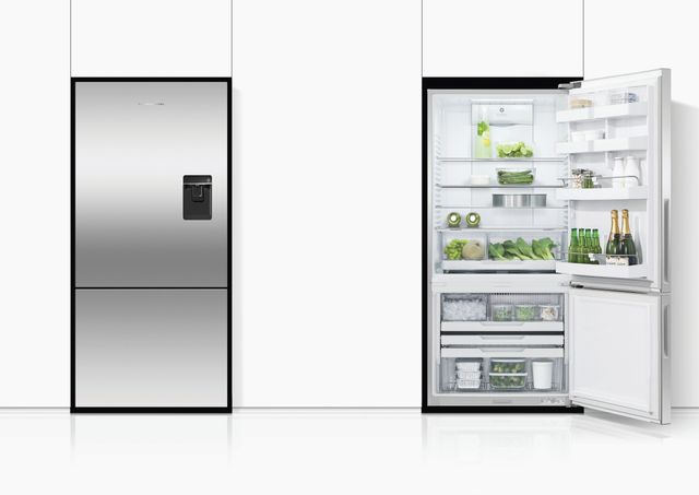 front view of a fisher and paykel refrigerator both open and closed