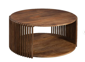 front view of the Fendii Cocktail Table, a round wood contemporary coffee table with two levels and slats on two sides