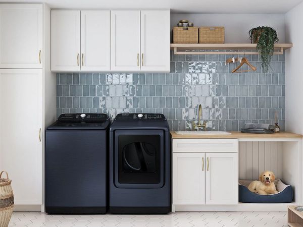 Laundry Room Featuring a Samsung 5.4 Cu. Ft. Brushed Navy Top Load Washer