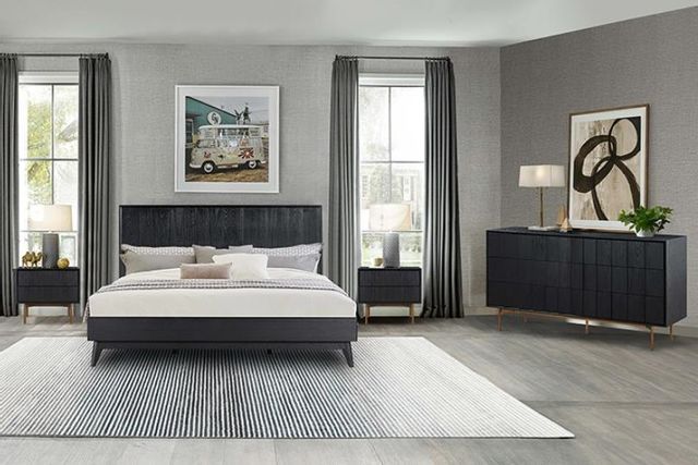 front view of a modern bedroom with the Armen Living Carnaby 4-Piece Black Brushed King Bedroom Set