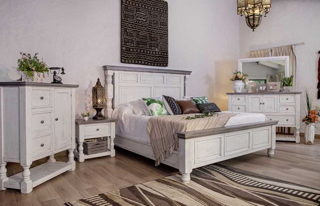 front view of a rustic white bedroom with matching furniture